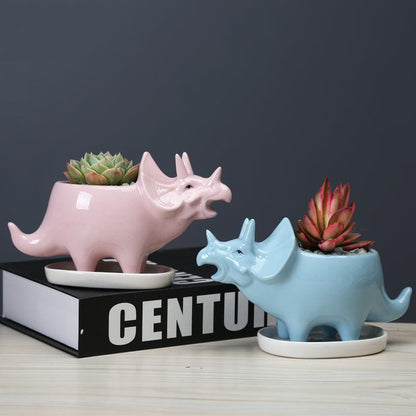 Triceratops Ceramic Succulent Planter with Drainage Tray, view 4