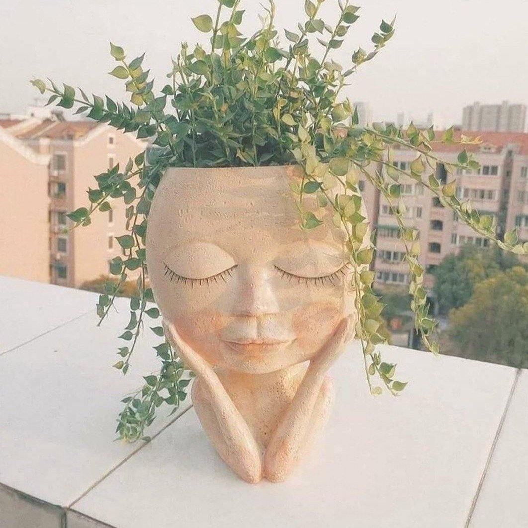 Blushing Woman Face Planter with Drainage Hole, view 3