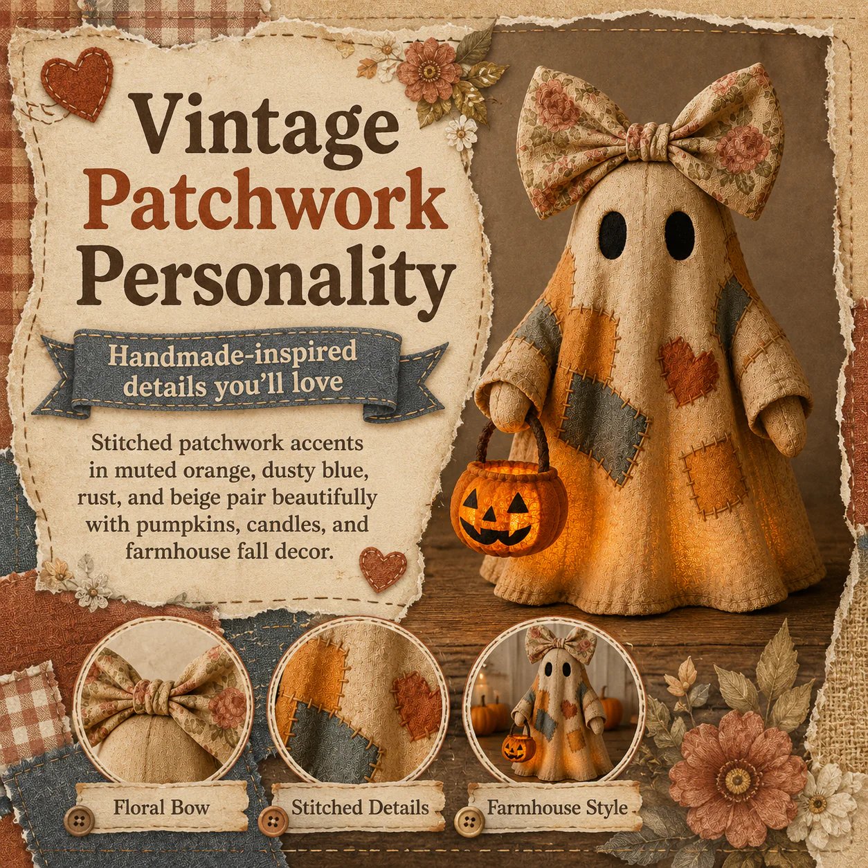 Halloween Patchwork Ghost Lamp with Pumpkin Lantern, view 6