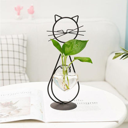 Iron Cat Stand with Heart Glass Propagation Vase, view 2