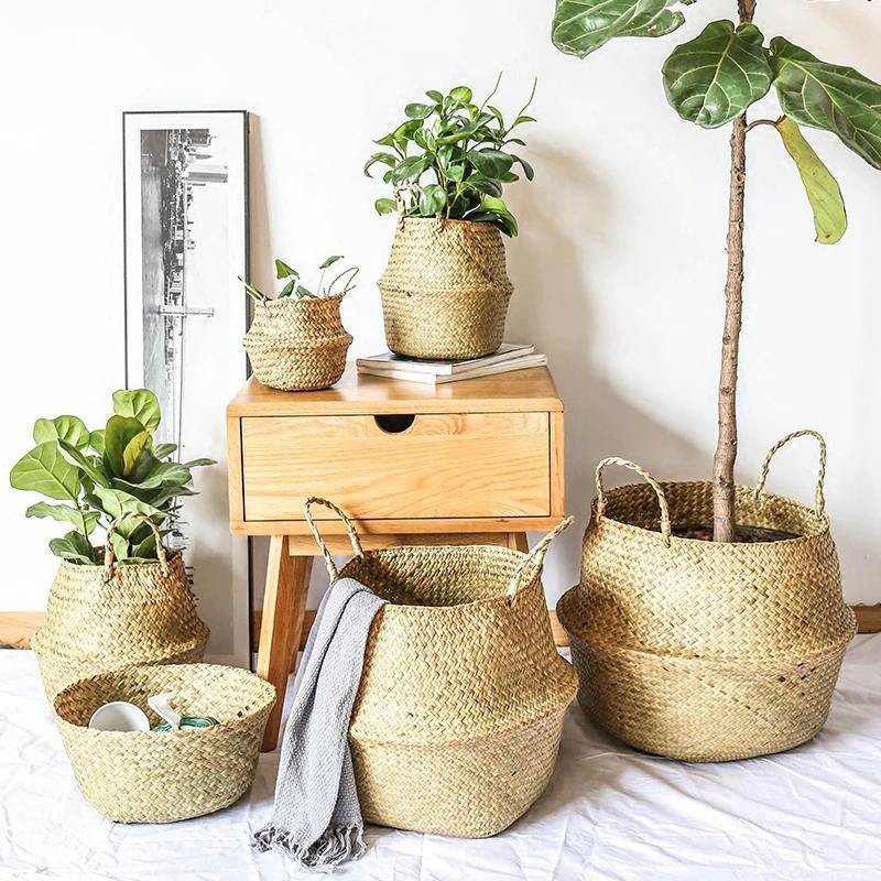 Round Rattan Basket with Handles for Plants or Storage, view 3