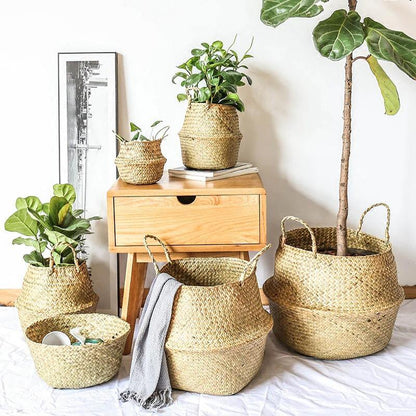Round Rattan Basket with Handles for Plants or Storage, view 3
