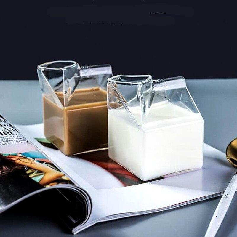 Glass Milk Carton Cup with Square Base, 11.8 fl oz