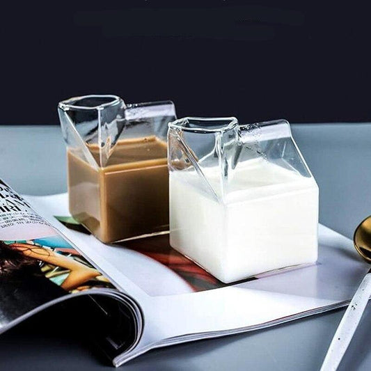 Glass Milk Carton Cup with Square Base, 11.8 fl oz