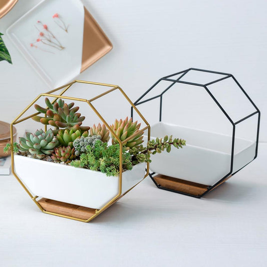 Ceramic Wall Planter with Iron Frame and Bamboo Tray, view 2