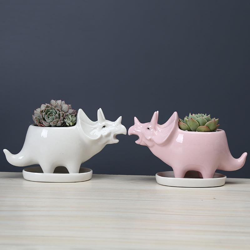Triceratops Ceramic Succulent Planter with Drainage Tray, view 2