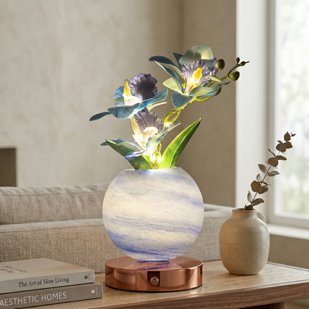 Faux Orchid Table Lamp with Glowing Globe Base