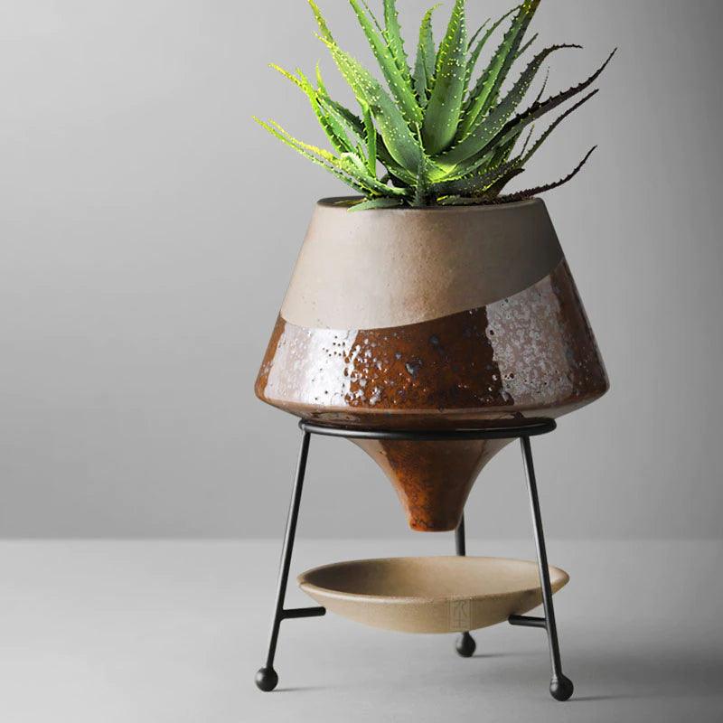 Glazed Terracotta Teardrop Planter with Metal Stand, view 3