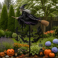 Flying Witch Wind Spinner Garden Stake with Bats