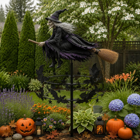 Flying Witch Wind Spinner Garden Stake with Bats