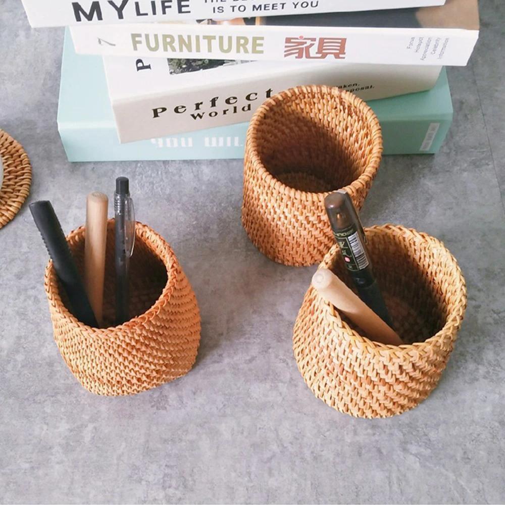 Small Hand Woven Rattan Storage Basket for Desks, view 7