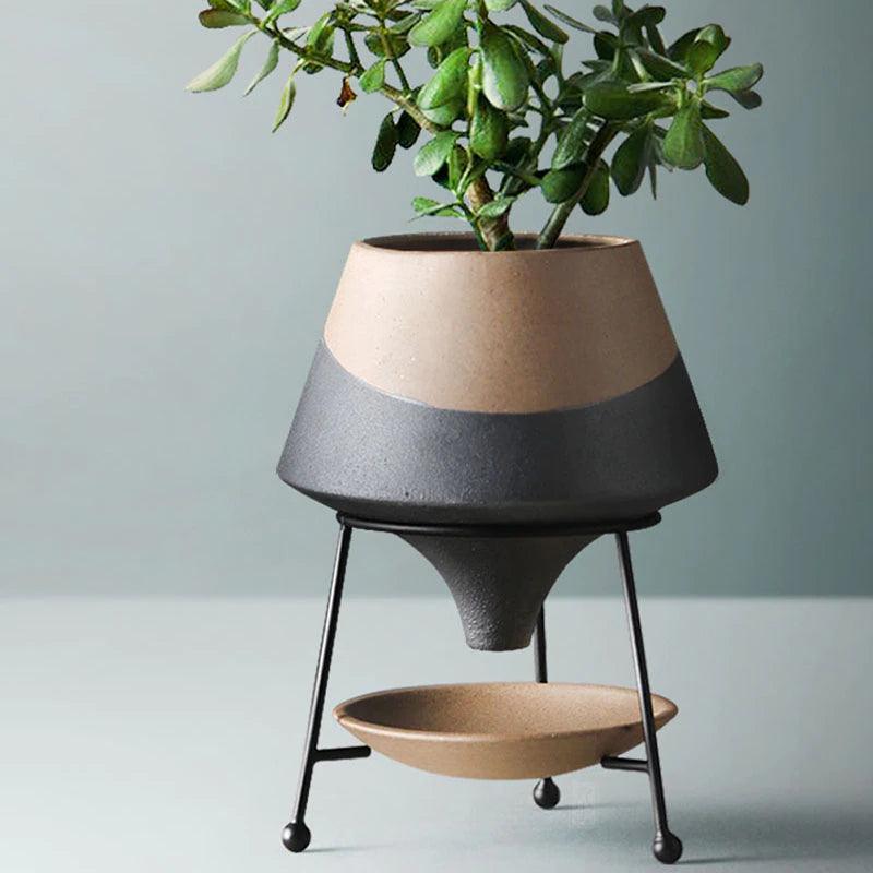 Glazed Terracotta Teardrop Planter with Metal Stand