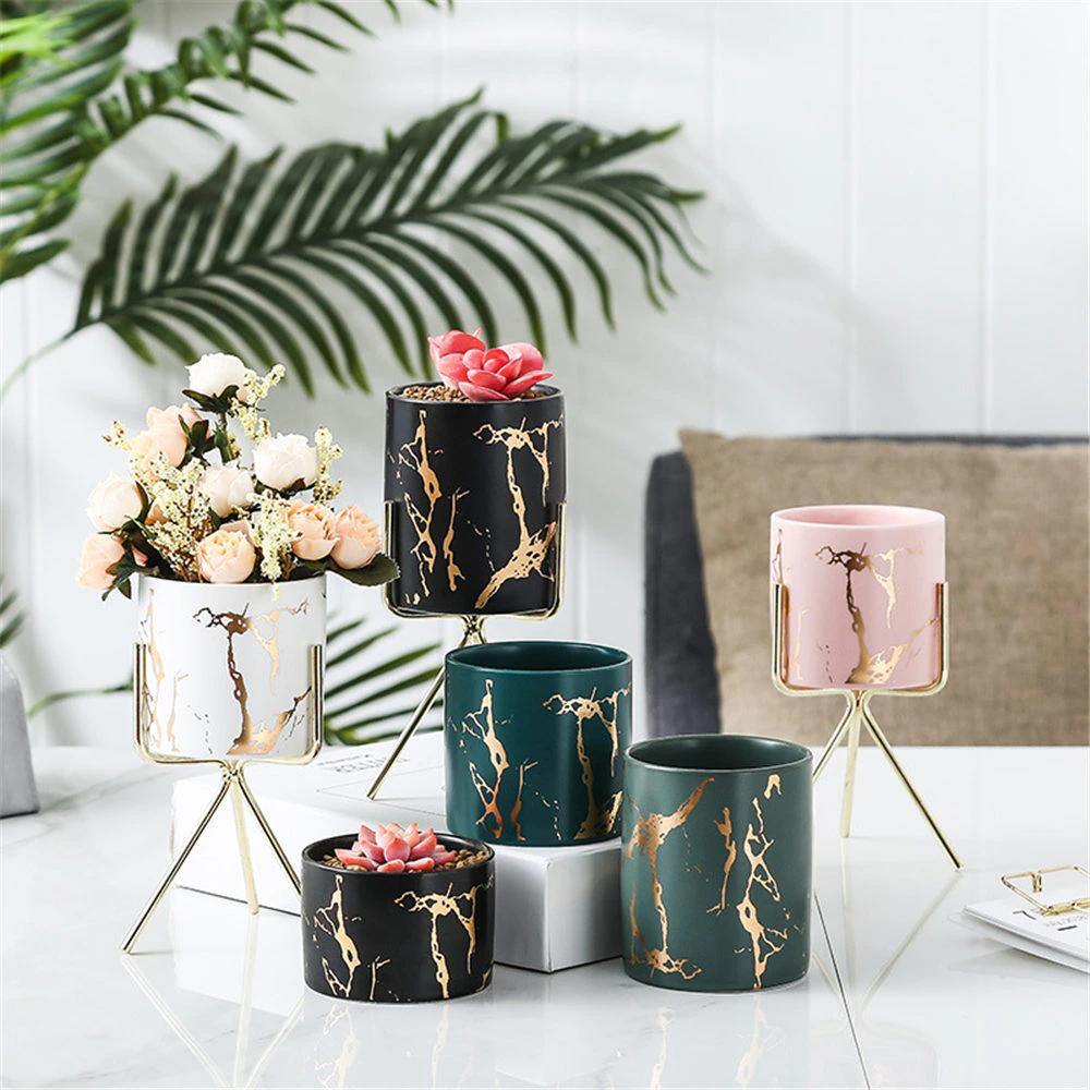 Marbled Ceramic Planter on a Geometric Metal Stand