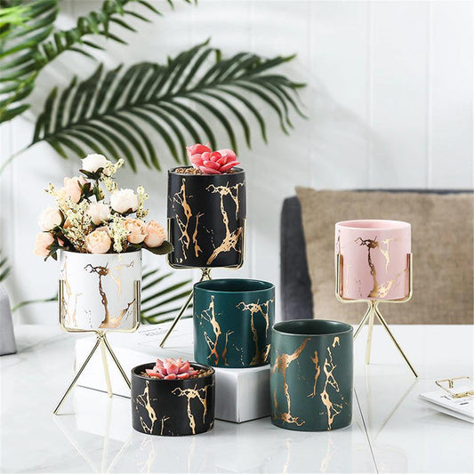 Marbled Ceramic Planter on a Geometric Metal Stand