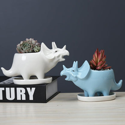 Triceratops Ceramic Succulent Planter with Drainage Tray, view 3