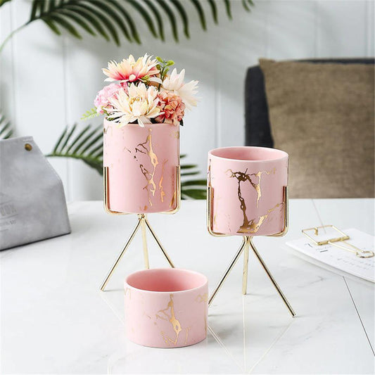 Marbled Ceramic Planter on a Geometric Metal Stand, view 2