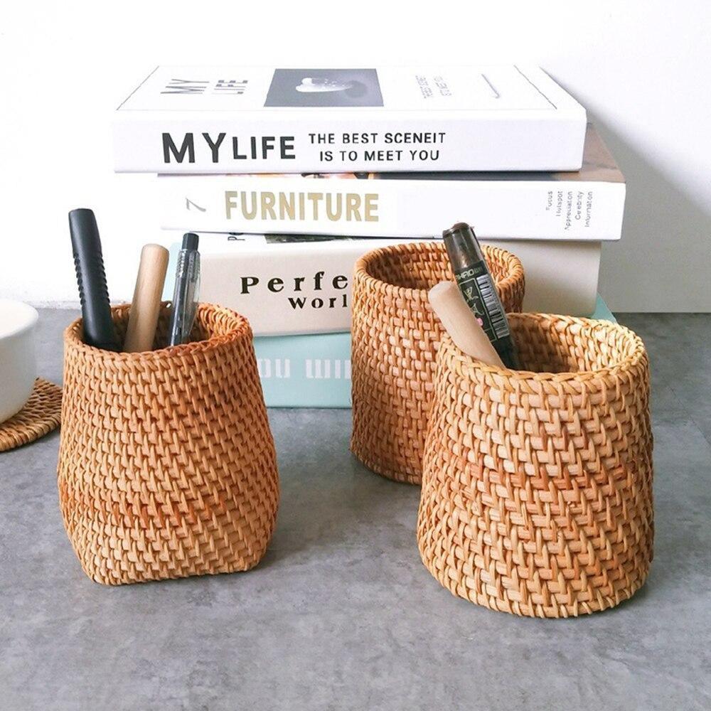 Small Hand Woven Rattan Storage Basket for Desks, view 3