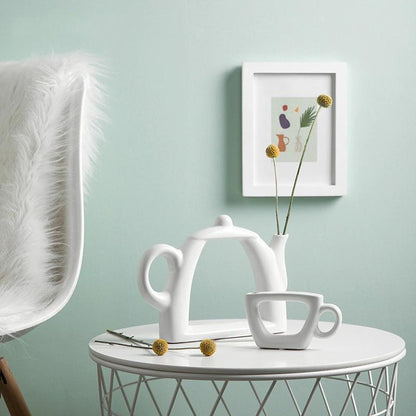 White Ceramic Vases: Teacup, Kettle and Pitcher, view 2