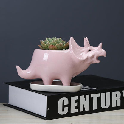Triceratops Ceramic Succulent Planter with Drainage Tray, view 5