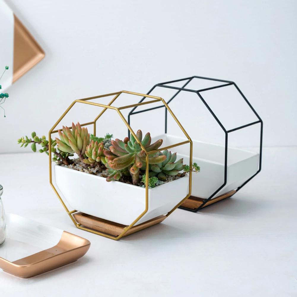 Ceramic Wall Planter with Iron Frame and Bamboo Tray, view 4