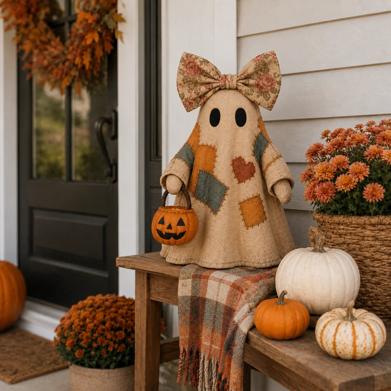 Halloween Patchwork Ghost Lamp with Pumpkin Lantern, view 10