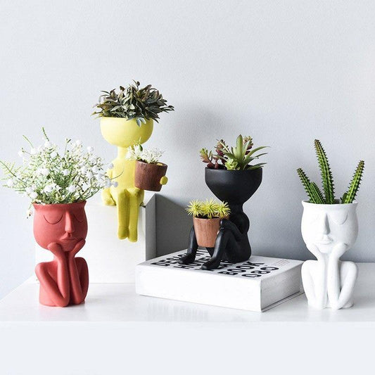 Ceramic Face Planter with Resting Hands, Four Colors