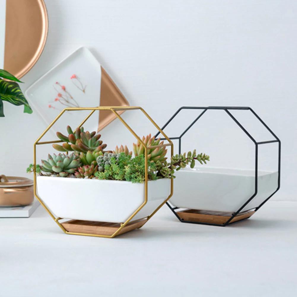 Ceramic Wall Planter with Iron Frame and Bamboo Tray, view 3