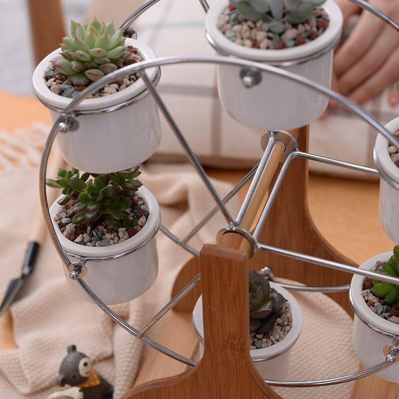 Bamboo Ferris Wheel Stand with Six Ceramic Pots, view 3
