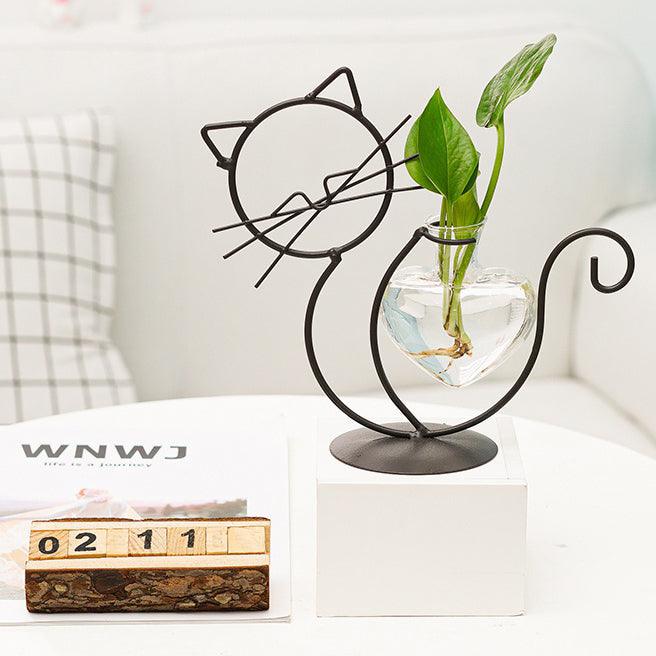 Iron Cat Stand with Heart Glass Propagation Vase, view 3