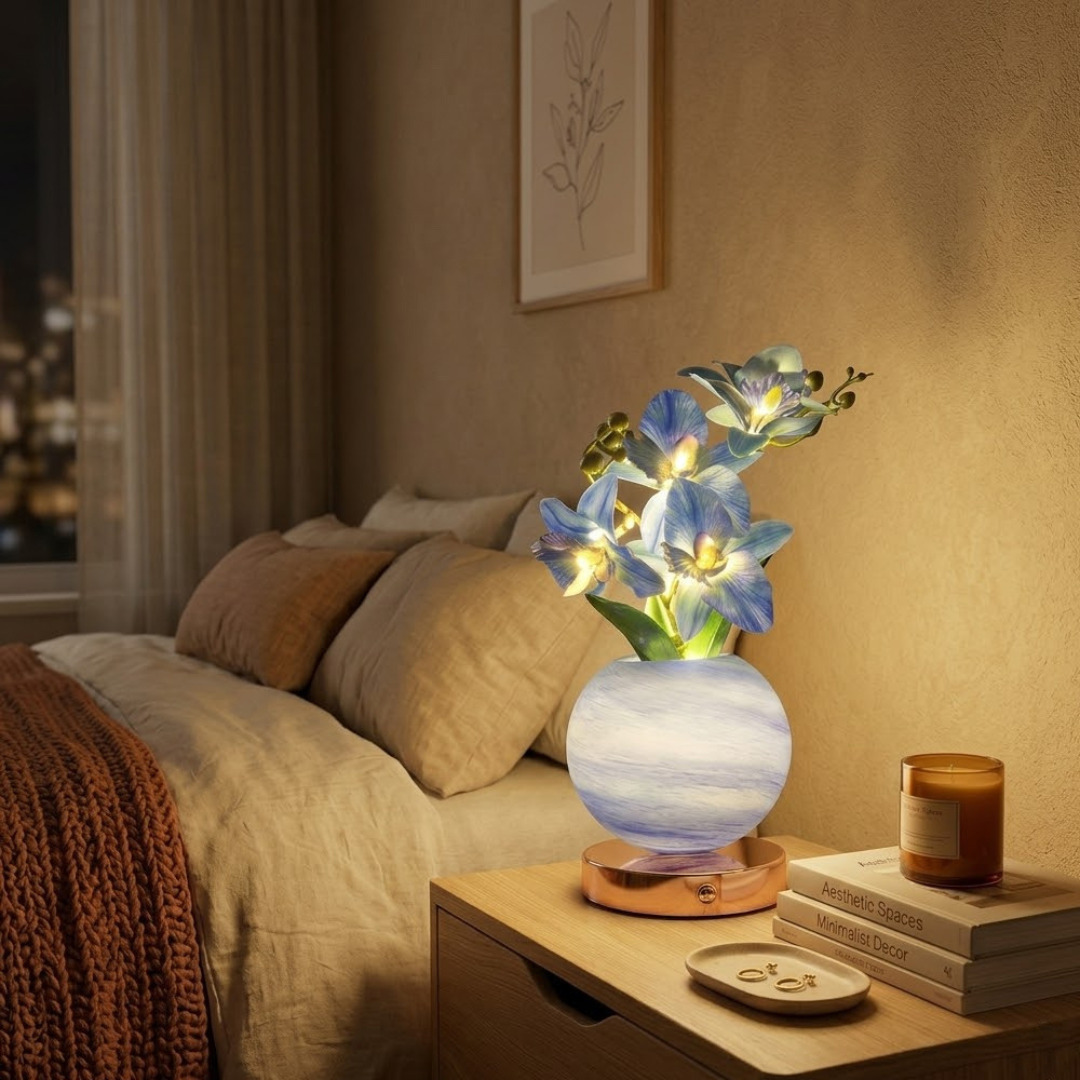 Faux Orchid Table Lamp with Glowing Globe Base, view 7