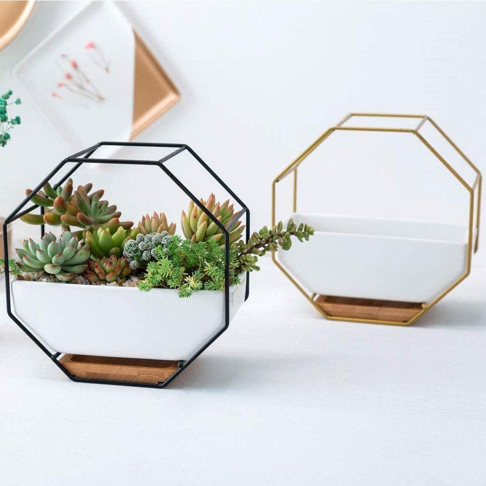 Ceramic Wall Planter with Iron Frame and Bamboo Tray, view 7
