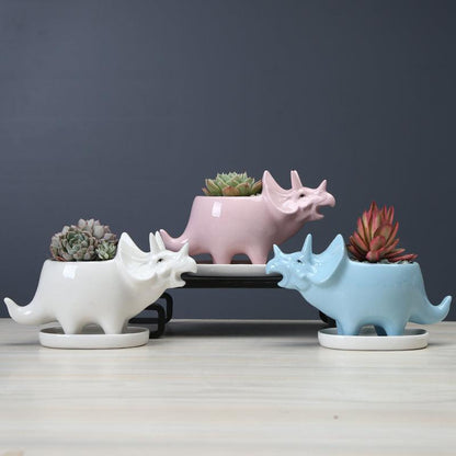 Triceratops Ceramic Succulent Planter with Drainage Tray