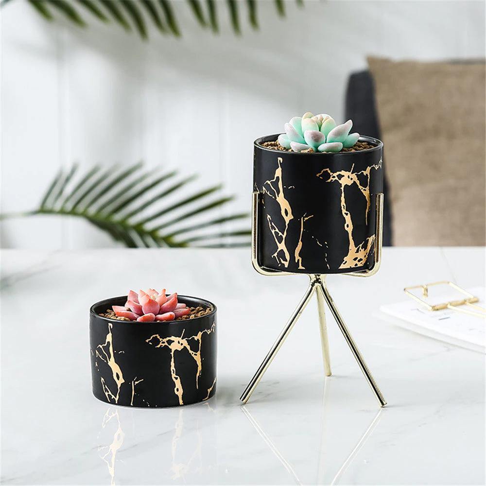 Marbled Ceramic Planter on a Geometric Metal Stand, view 3