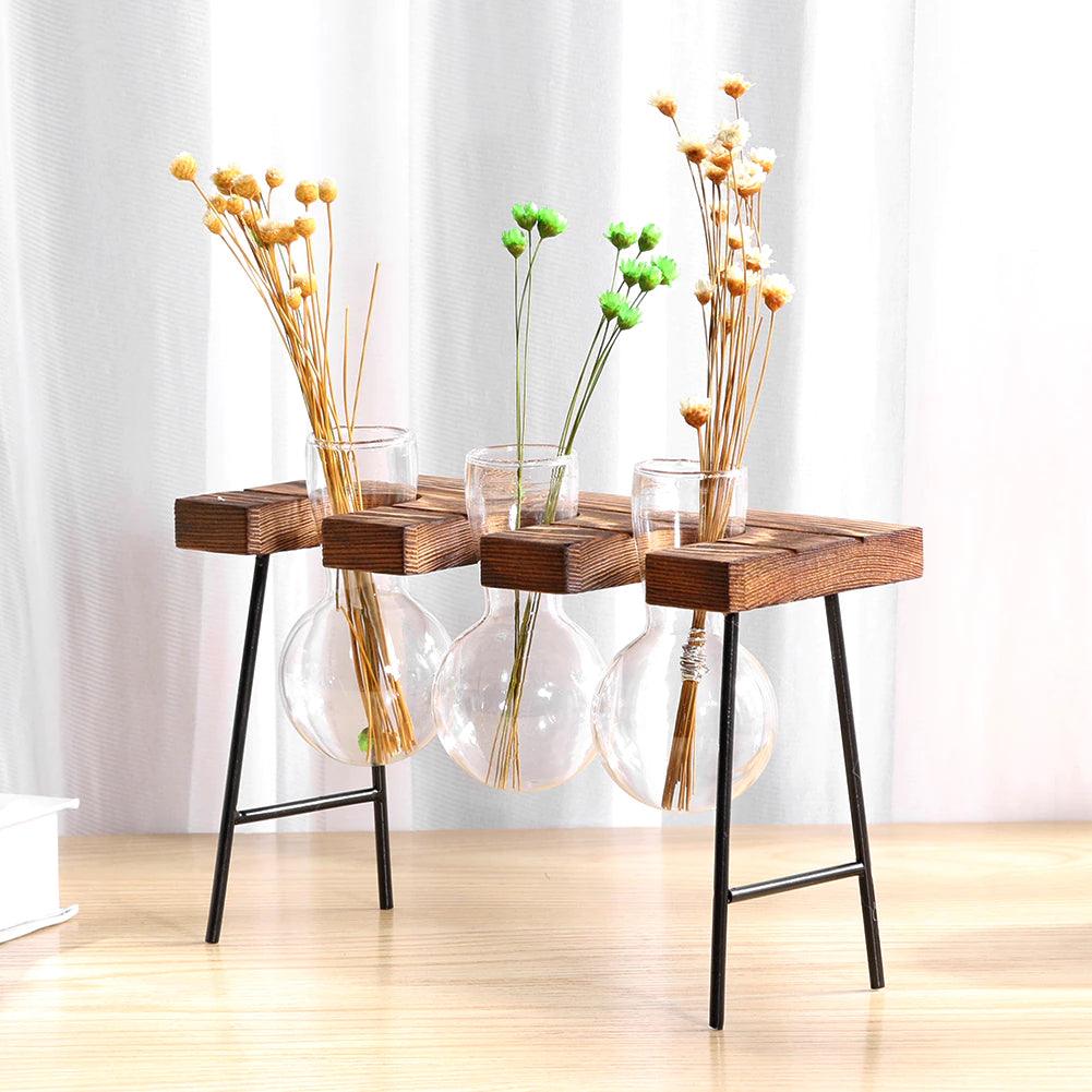 Glass Propagation Bulbs on a Wood and Metal Stand