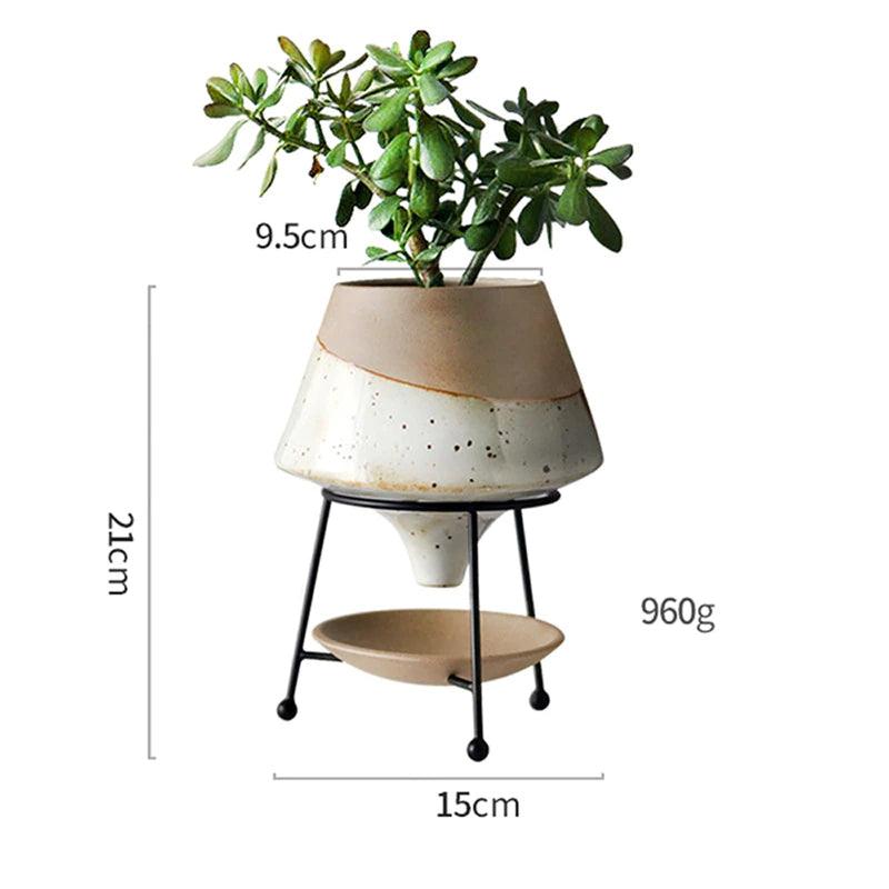 Glazed Terracotta Teardrop Planter with Metal Stand, view 11
