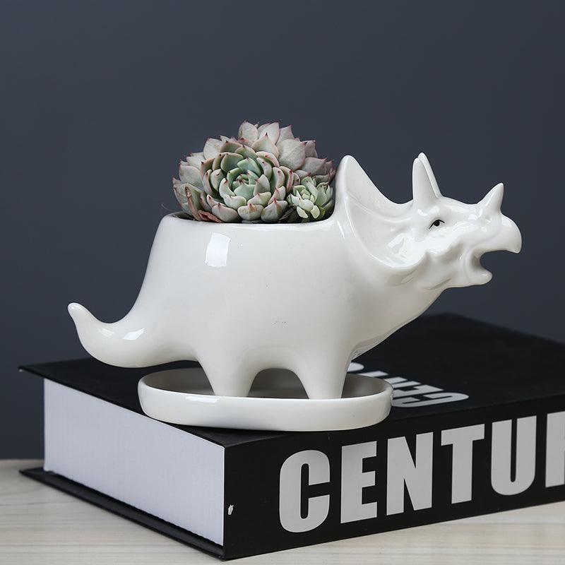 Triceratops Ceramic Succulent Planter with Drainage Tray, view 9