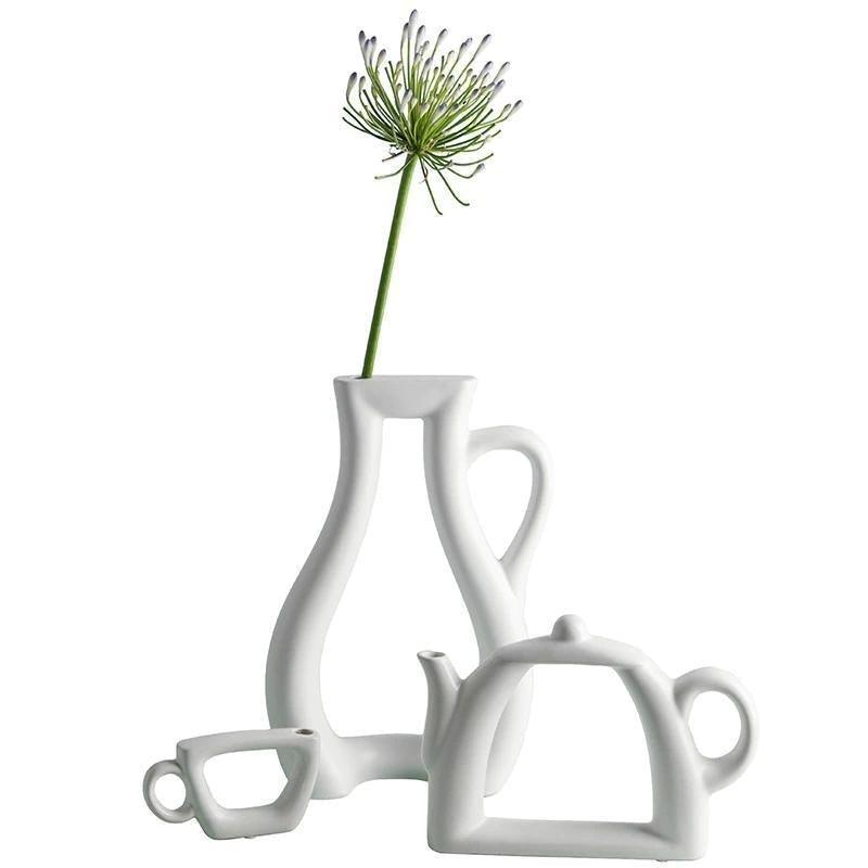 White Ceramic Vases: Teacup, Kettle and Pitcher, view 7