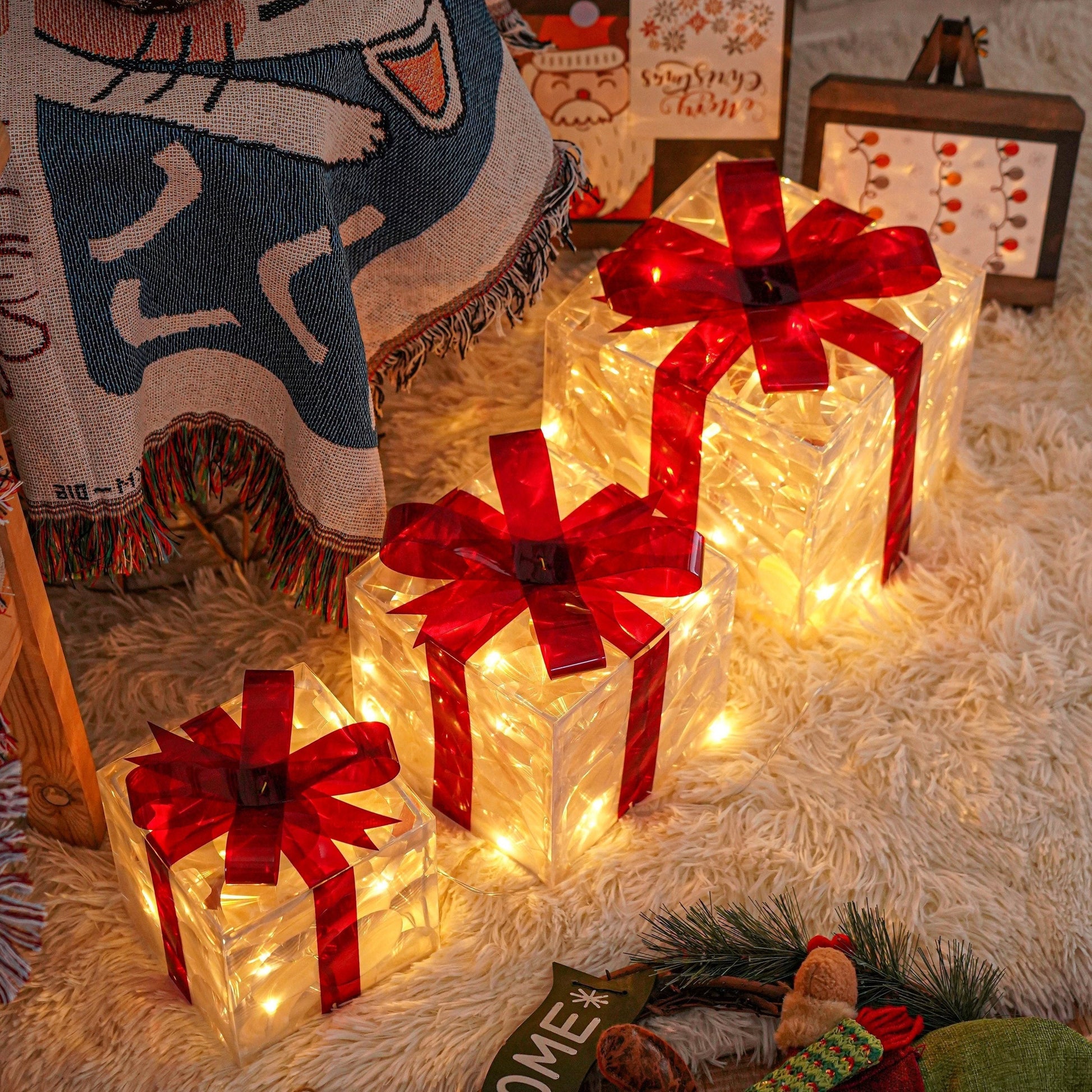 Light Up Christmas Gift Boxes, Set of 3 with LED Lights, view 8