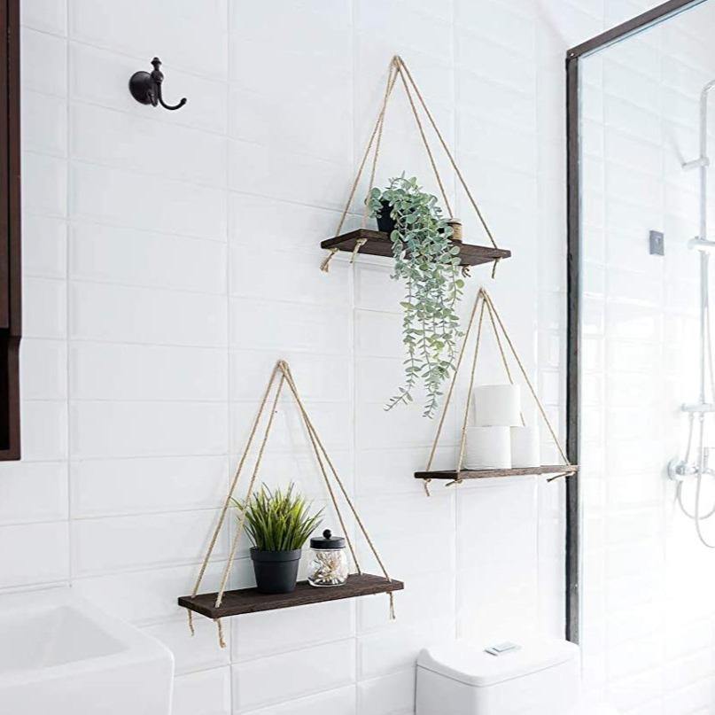 Rope Hung Wooden Wall Shelf, 13.8 in, view 2