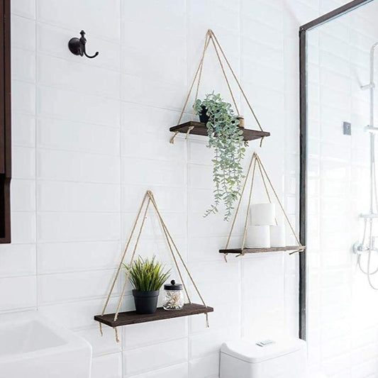 Rope Hung Wooden Wall Shelf, 13.8 in, view 2