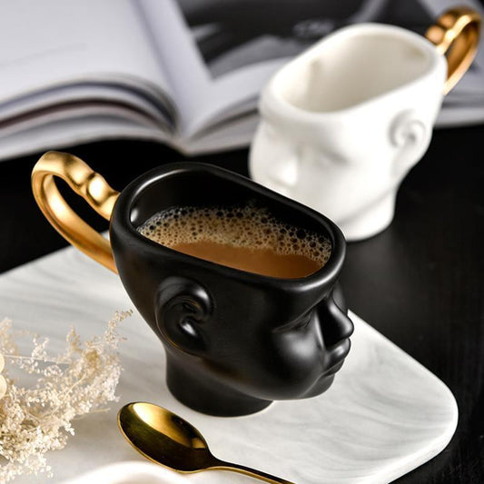 Sculpted Face Porcelain Mug, White or Black