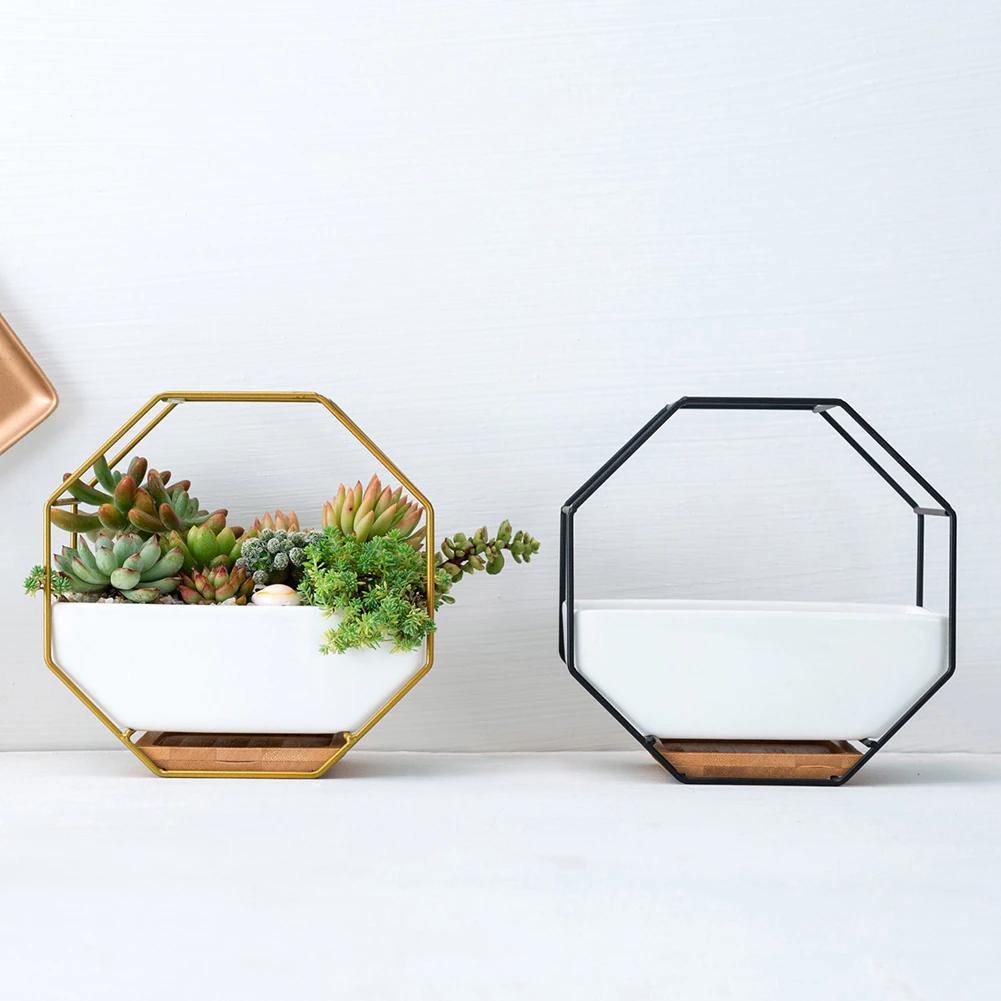 Ceramic Wall Planter with Iron Frame and Bamboo Tray, view 11