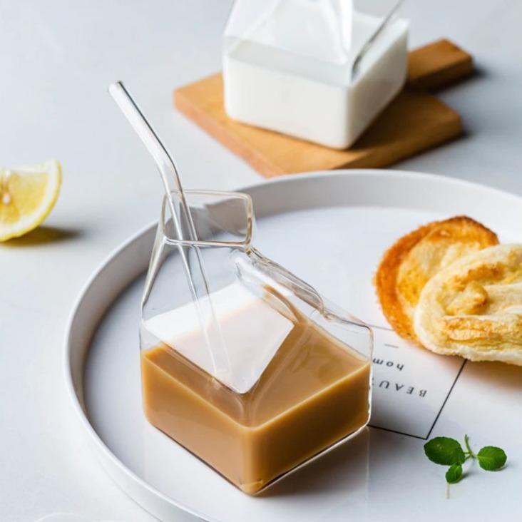 Glass Milk Carton Cup with Square Base, 11.8 fl oz, view 7
