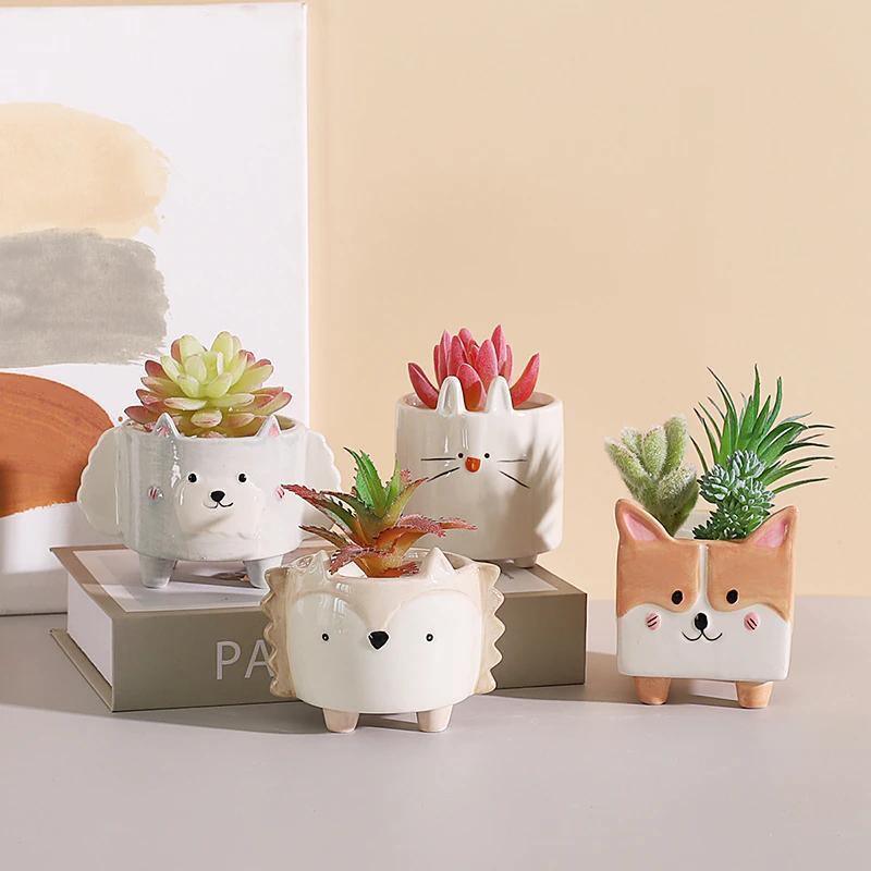 Square Animal Ceramic Planters with Drainage Hole