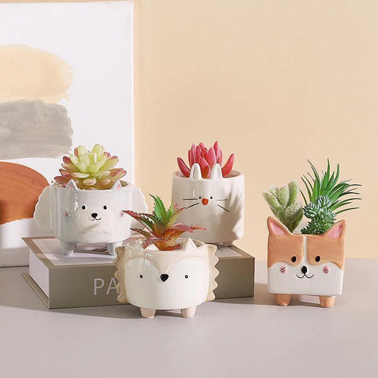 Square Animal Ceramic Planters with Drainage Hole