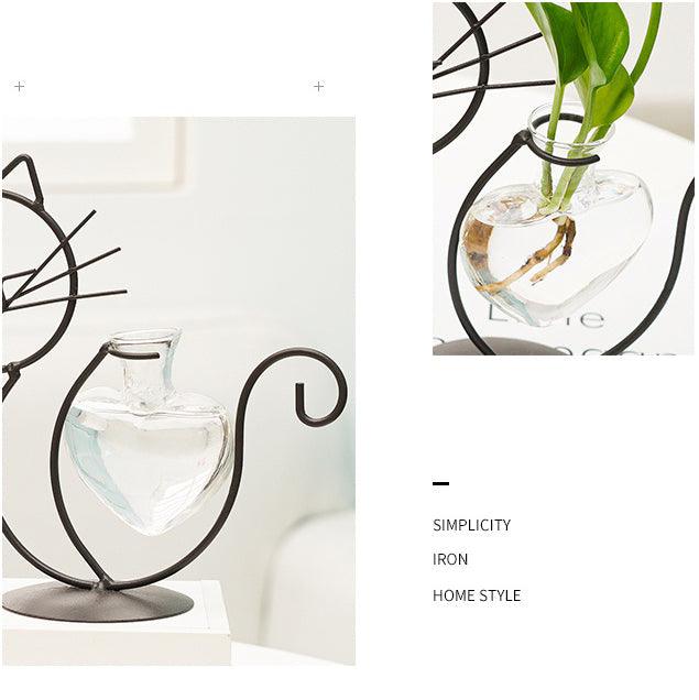 Iron Cat Stand with Heart Glass Propagation Vase, view 4