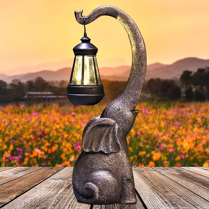 Solar Powered Elephant Garden Lamp with Lantern