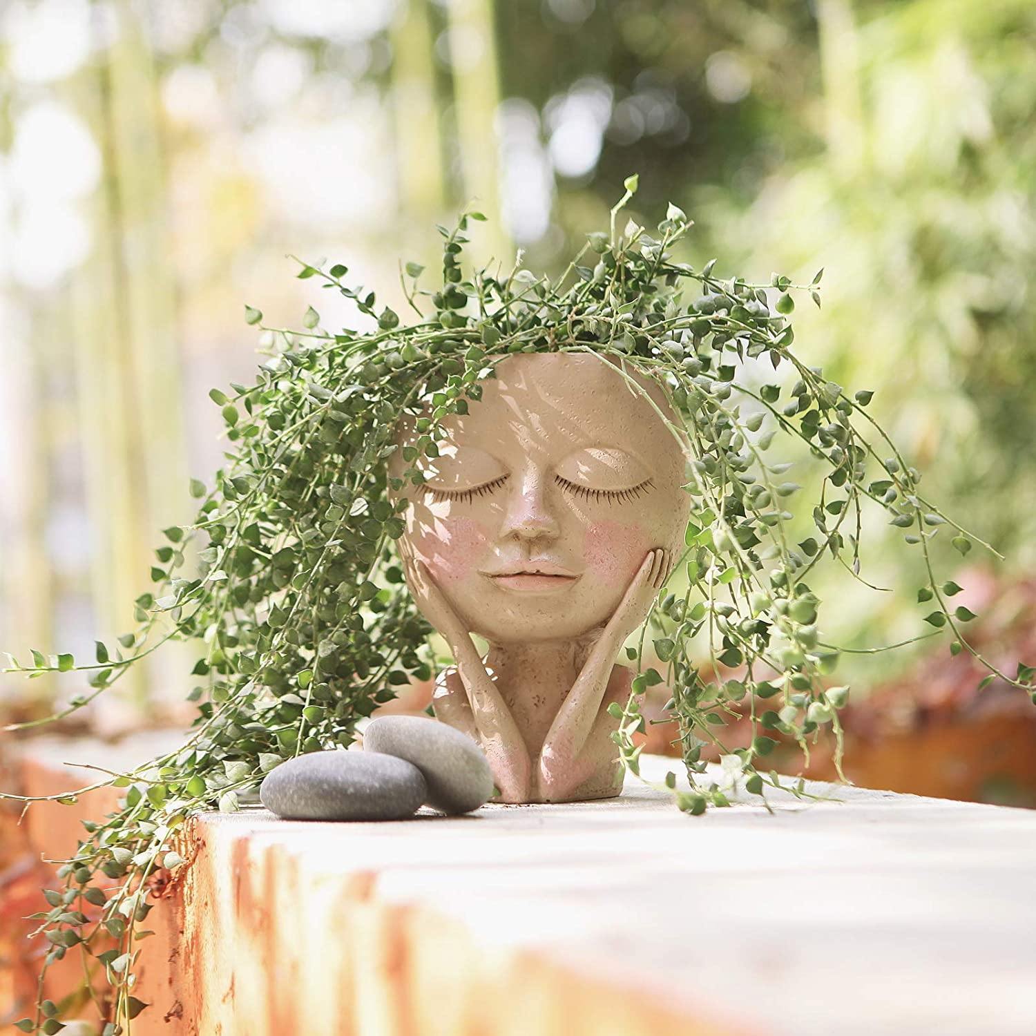 Blushing Woman Face Planter with Drainage Hole, view 7
