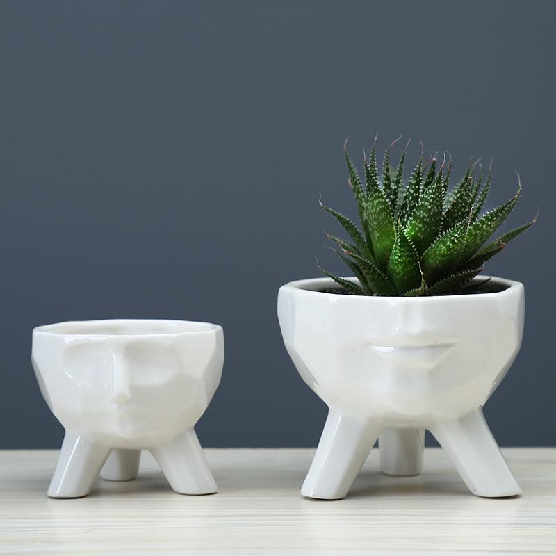White Ceramic Face Planters, Set of 2