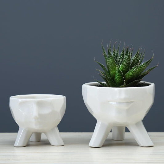 White Ceramic Face Planters, Set of 2
